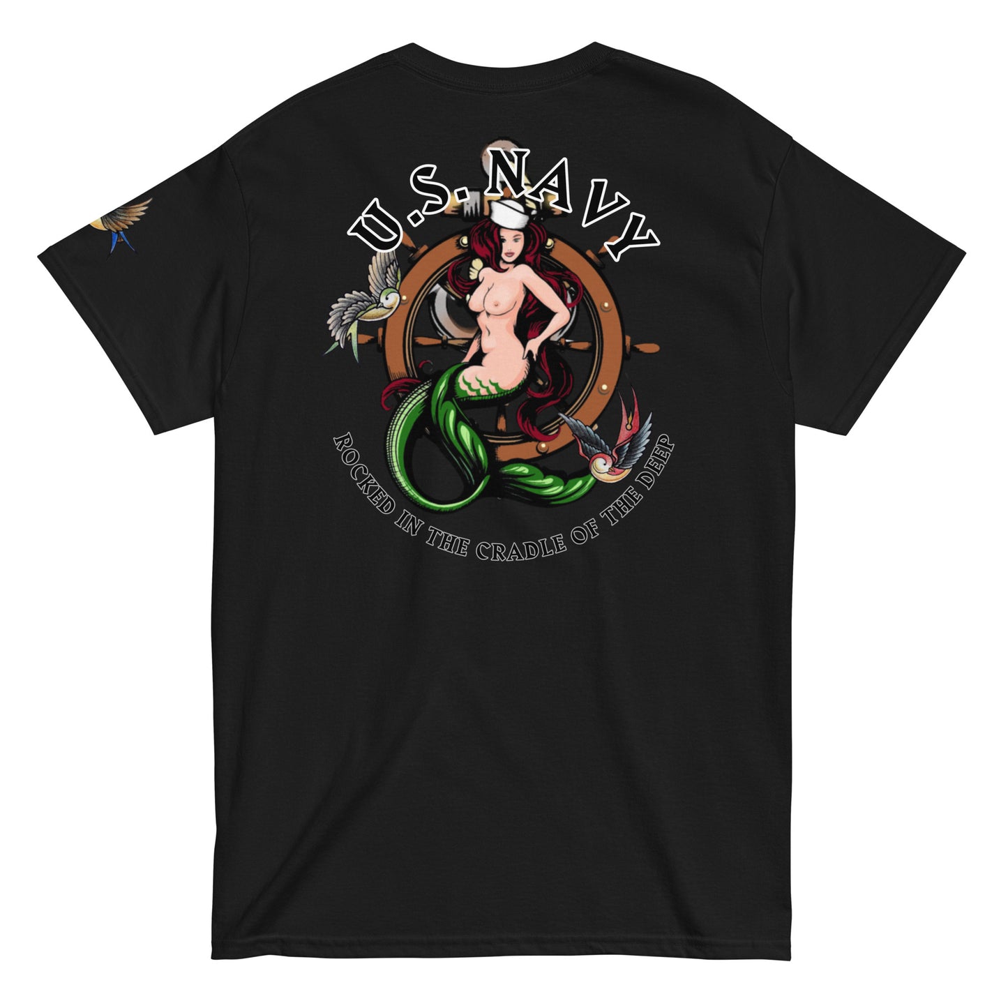 US NAVY "ROCKED IN THE CRADLE OF THE DEEP" SAILORS AND MERMAIDS T-SHIRT